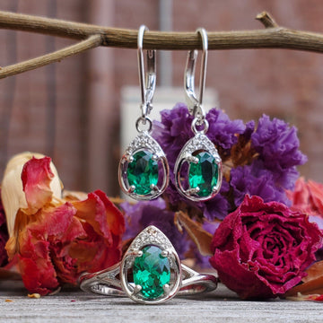 E Sterling Silver Created Emerald Ring, Pendant, or Earring - May